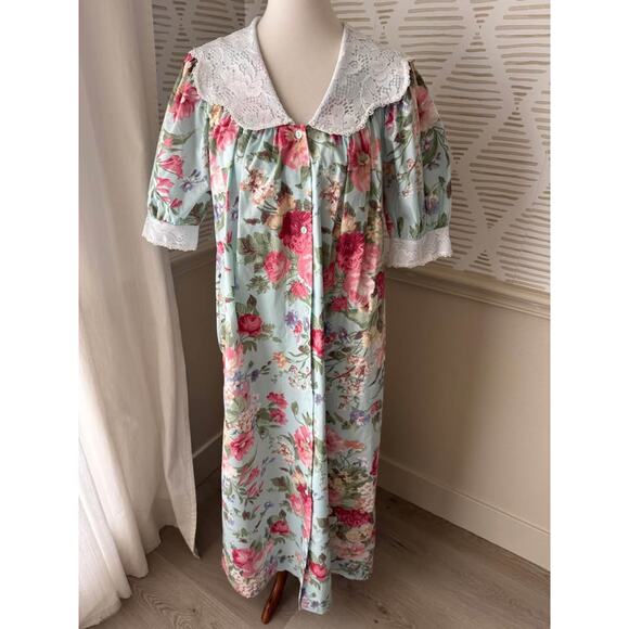 Vtg Komar Sz Small Women’s Victorian Blue Pink Floral Lace Robe Pockets Dress